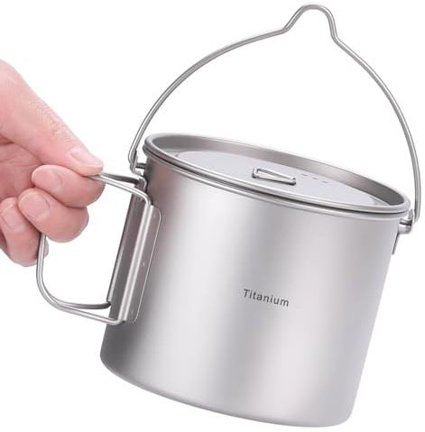 Kavolet 1100ml Titan Topf Camping Topf Titan Tasse Becher Camping Ti Pot Rucksack-Topf mit Deckel und klappbaren Griffen Camping Geschirr Set für Outdoor-Camping-Wandern