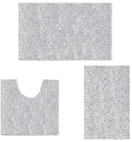 COMPOLICY PLACEROOM Bathroom Mat Set of 3, Bath and Toilet Mat Set,Ultra Soft Chenille Bath Mat Non Slip,Bath Mat Sets 3 Piece Washable,Super-Absorbent Bath(Light Grey bath set)