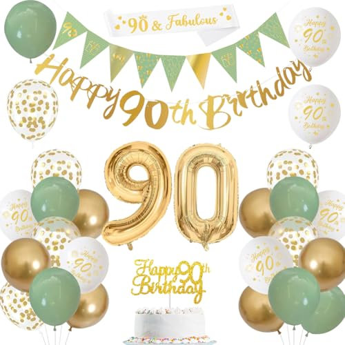 Sage Green Gold White 90th Birthday Banners, Balloons, Cake Topper, Sash, Bunting, Flags, Number Helium Balloons for Men, Women Party Decor