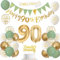 Sage Green Gold White 90th Birthday Banners, Balloons, Cake Topper, Sash, Bunting, Flags, Number Helium Balloons for Men, Women Party Decor