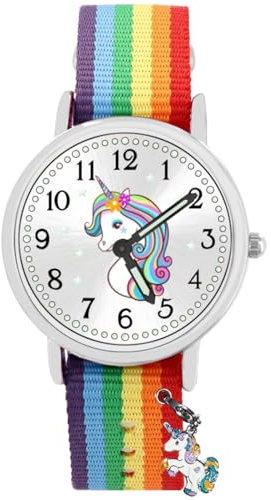 Brecjon Geschenk Set Einhorn Armbanduhr Mädchen wasserdicht Bettelarmband 4 emaillierte Anhänger Unicorn Sammelbox Nylon Armband Regenbogen 920