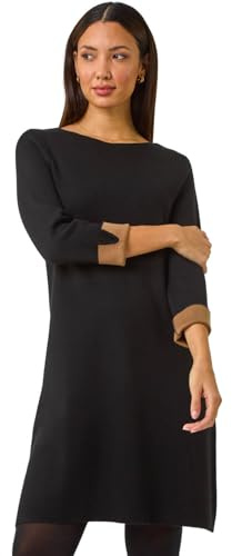 Roman Originals Contrast Sleeve Knitted Shift Dress for Women UK - Ladies Everyday Autumn Winter Round Neckline Comfy Soft Evening Vacation Work Party Night Out