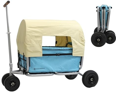 Beachtrekker Life Faltbarer Bollerwagen, klappbarer Handwagen + Feststellbremse + Sonnenverdeck (Luftreifen, Himmelblau)