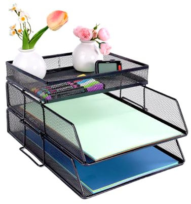 Bandejas de malla de 2 niveles, apilable, para escritorio de oficina, con soporte superior de papelería, bandejas de papel para documentos, oficina, escuela y hogar, color negro
