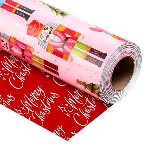 Yarcony Pink Nutcracker Wrapping Paper, Christmas Wrapping Paper, Metallic Foil Vintage Style Christmas Tree, Nutcracker Gift Wrap for Present Packaging, Holiday (Mini Roll, 17 Inch X 33 Feet)