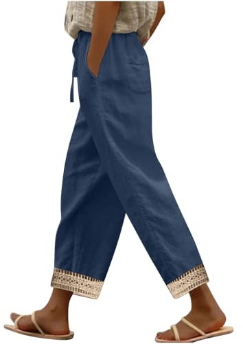 Offerte Lampo del Giorno Pantaloni Moda Donna Righe Verticali Bottoni Lino Ufficio Pantalone con Tasche Pantalone di Svago Panno di Lino da con Fascia Elastica Regalo Mamma