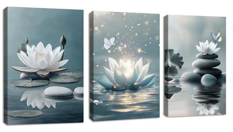 3Pcs Zen Lotus Blumen Schmetterling Meditation Bilder, Weiß Lotus Blühend auf Steinen im See Wandbilder mit Rahmen Modern bild auf Leinwand Wandkunst Kunstdruck Deko für Yoga Heilbad Zimmer 40x60cmx3