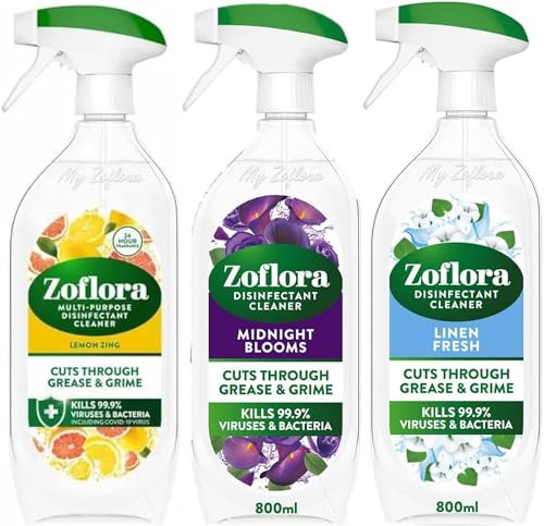 Zoflora Mixed Multipurpose Disinfectant Trigger Spray, 3 x 800ml - Lemon Zing, Midnight Blooms & Linen Fresh (one of each)