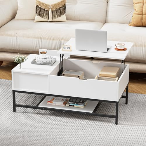 FiveWillowise Couchtisch Höhenverstellbarer, Wohnzimmertisch, Kaffeetisch, Sofatisch Beistelltisch mit Ablage, Tisch mit Stauraum, Versenkbarer Coffee Table mit Offenes Fach, Weiß