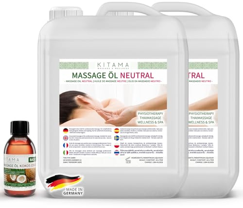 Kitama Massageöl Neutral 2x10L Duftlos + Aromaöl Kokos 250ml | Geruchsloses & hypoallergenes Massageöl ohne Parfum für Allergiker. Set inkl. 250ml Aroma-Öl für Thaimassage & Physio