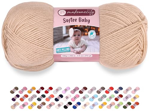 Makromecity Softee Baby Garn, 100% Anti-Pilling Acryl, 100 g, 250 m, weiches Premium Garn zum Häkeln und Stricken, Baby-Strickjacken, Decken, Mützen und Babyschuhe (Beige, 1 Strang)