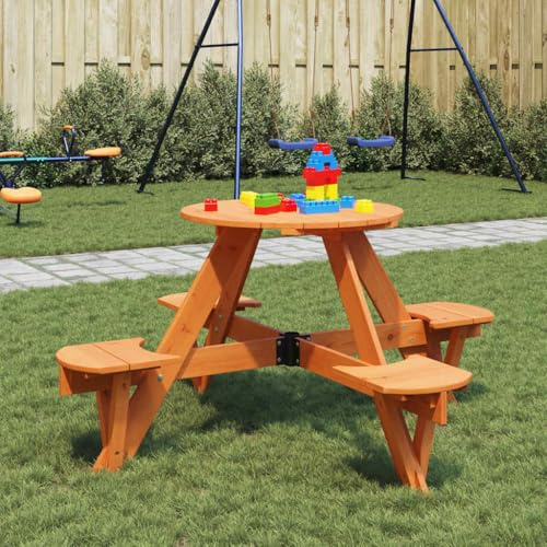 Teenpull Mesa de picnic para 4 niños, redonda, madera maciza, abeto, con agujero para sombrilla, 120 cm de diámetro, color marrón