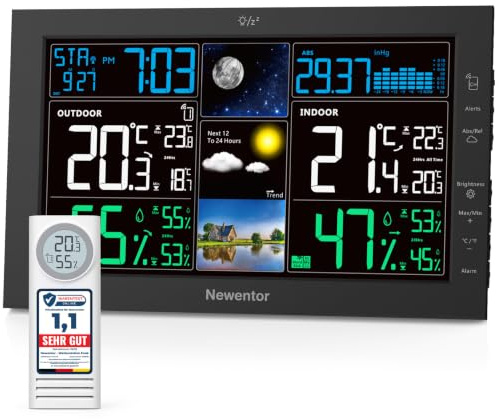 Newentor Wetterstation Funk mit Außensensor, Schwarz, 1*Außensensor | 7,6 Farbdisplay, Funkwetterstation mit Thermometer und Hygrometer, Außensensor mit eigenem Display
