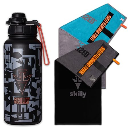skilly Fitness Bundle Pro+ Set für das Fitnessstudio (1x Fitness Handtuch Shadow Black & 1x Fitness Handtuch Spirit + Flasche Split, Fitness Handtuch 120x50cm | Flasche 950ml)