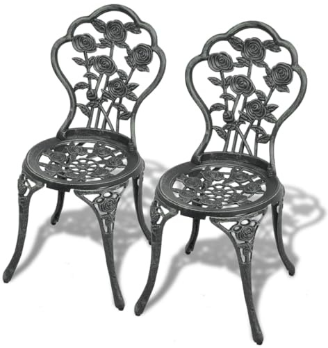 Hoopleep Green Cast Aluminium Bistro Chairs, 2 Piece Set with Ornate Floral Design, Weather-Resistant Outdoor Dining Seating for Patio, Garden, or Balcony