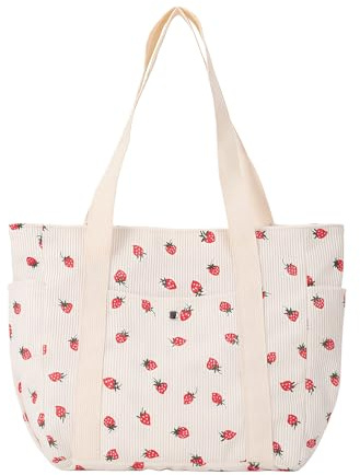 YEJAHY Cord Tragetasche Damen, Süße Erdbeer-Tragetasche mit Reißverschluss, Große Einkaufstasche Leinwandtasche für Alltag, Modische Schultertasche, Leinwand Tote Tasche (Weiß)