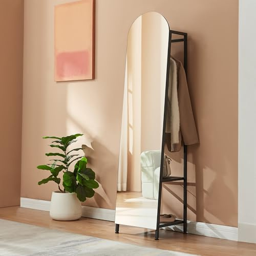 [en.casa] Standspiegel Ganzkörperspiegel Frenraby 2-in-1 Garderobenspiegel mit Kleiderständer mit 2 Ablagen 165 x 40 x 35 cm Kleiderstange Schlafzimmer Schwarz