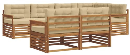 vidaXL Outdoor-Sofagarnitur mit Kissen 7 pcs Natur und Beige, Balkonsofa, modernes Eckmöbel, robuster Lounge, Terrassen-Sitzgruppe, bequemer Gartenstuhl