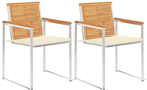 PUGYNBK Teakholz Gartenstühle mit Kissen 2 STK, Esszimmerstühle Outdoor aus massivem Teak und Edelstahl 304, rostfrei und pflegeleicht, für Terrasse und Garten