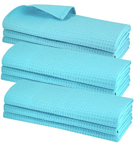 Gariella - 9er Set Geschirrtücher in Türkis aus 100% Baumwolle mit Aufhänger 70 x 50 cm, Waffelpiqué, Gastronomiequalität, Küchentuch, Putztuch, Waffelmuster