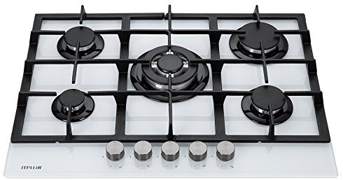 Millar GH7051TW - Piano cottura in vetro temprato con 5 fornelli a gas, bianco, 70 cm