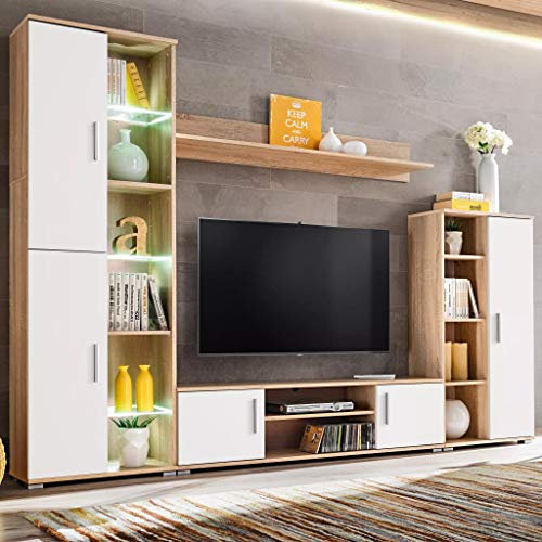 Tidyard Mueble Salón Comedor Moderno Mesa para TV Mueble TV de Pared con LED de Estilo Contemporáneo Roble Sonoma y Blanco