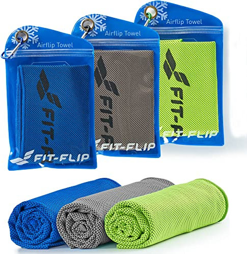 Fit-Flip Kühltuch 3er Set – kühlendes Handtuch Fitness und Sport – mikrofaser kühlhandtuch – Airflip kühltücher – cool Ice Towel (grün/dunkel blau/grau, 100x30cm)