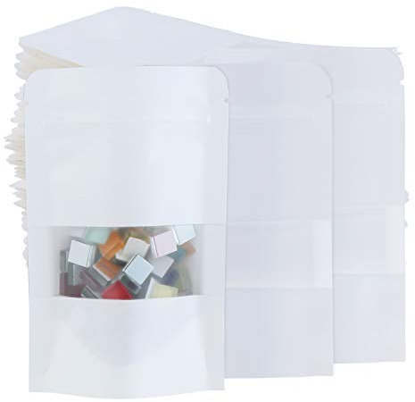 TsunNee 100PCS Kraft Paper Stand Up Food Bags, Kraft Paper Food Storage Pouches, Reusable Ziplock Seal Bags, White Kraft Paper Food Packing Bag with Transparent Window, 9x14cm