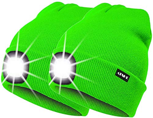 ATNKE 2Pcs Neue Warme LED beleuchtete Mütze,Unisex USB wiederaufladbare Laufmütze Ultra Bright 4 LED wasserdichte Lichtlampe Mehrfarbig/Fluorescent Green