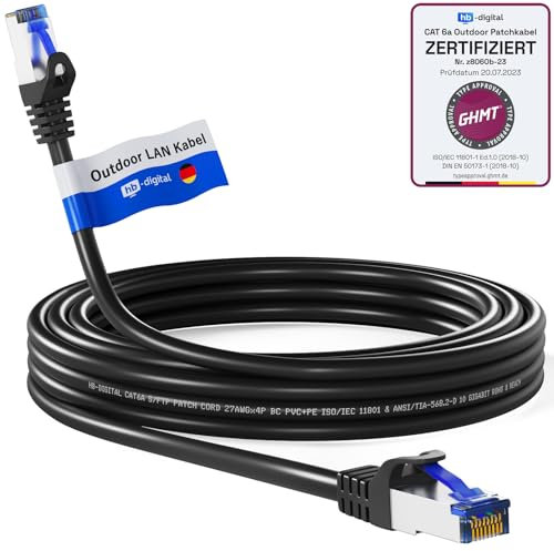 hb-digital 5m Cable de red Cat.6a para exteriores de para uso en exteriores e interiores Enchufe RJ45 NEGRO LAN Ethernet S/FTP PIMF 500MHz IP66 Resistente al polvo al agua al aceite y a los rayos UV