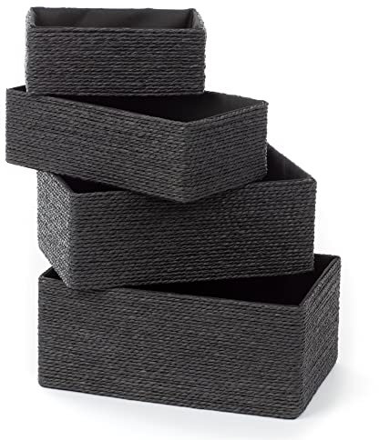 LIVIVO 4pc Black Woven Storage Basket Set – Multipurpose Stackable Rope Bins for Kitchen, Bathroom, Bedroom, Wardrobe, Desk, Drawer, Closet, Makeup & Home Office Organisation
