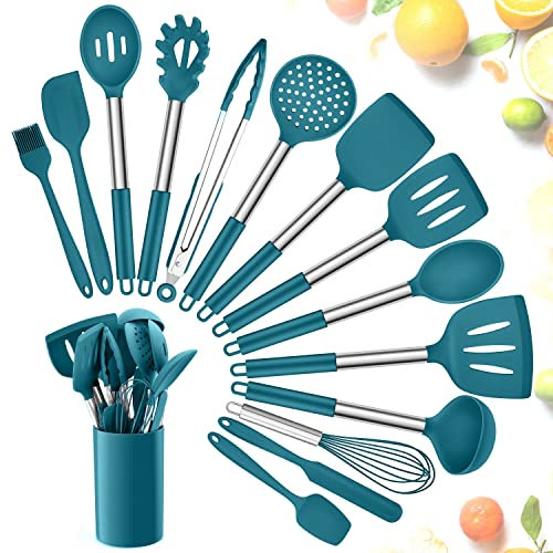 Herogo Lot de 15 ustensiles de cuisine en silicone avec support, anti-adhésifs et résistants à la chaleur avec poignée en acier inoxydable, spatule, fouet, cuillère, pince, bleu