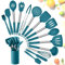 Herogo,Juego de utensilios de cocina, 15 utensilios de cocina de silicona con soporte, antiadherentes y resistentes al calor con mango de acero inoxidable, pinzas de giratorio, color azul