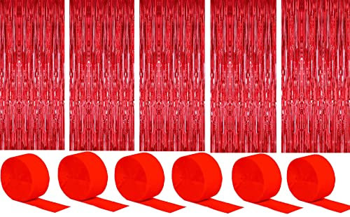6 Stück Folienvorhänge Fransen, Metallische Glitzervorhang Fringe, Glitzer Tinsel Curtain, Folienfransen Vorhang für Weihnachtsbaum Party Deko Geburtstagsdeko + 6 Stück Krepppapier, Rot