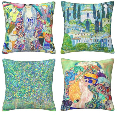 LOHDALOLF Green Cushion Covers Pack of 4 Gustav Klimt Painting Portrait Cushion Cases Pear Tree Square Decorative Pillow Covers for Sofa Couch Bed 45x45 cm