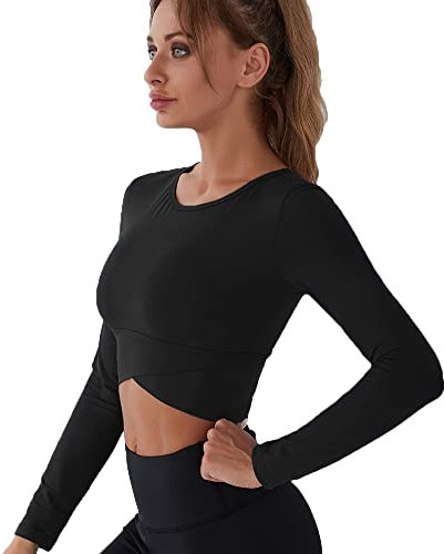 FDEETY Womens Sports Crop Top Long Sleeve Cross Wrap Workout Athletic Running Tank Tops with Thumb Hole (S) Black