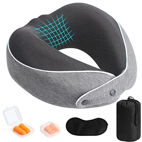 NAEBRO Nackenkissen Flugzeug Reisekissen, Memory Foam Reise Nackenkissen, Ergonomisches Reise Nackenstützkissen Nackenhörnchen mit Schlafmaske Ohrstöpsel Aufbewahrungstasche