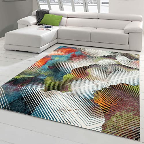 Modern-Abstrakter Teppich Läufer für schmale Gänge | pflegeleicht | bunt orange rot grün, Größe 120 x 170 cm