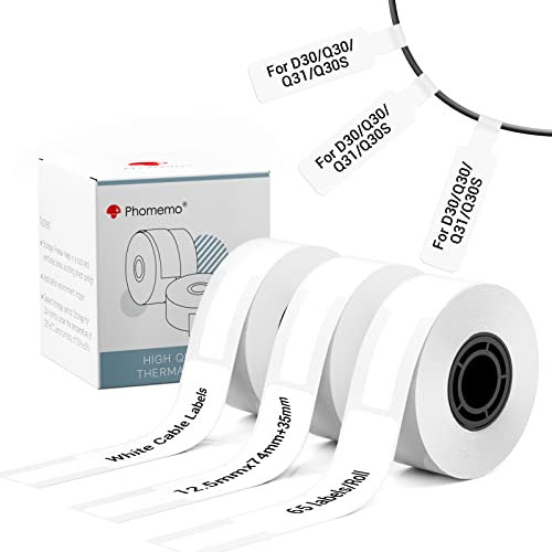 Phomemo Weiße Kabeletiketten für D30 Q30 Beschriftungsgerät, Etiketten Kompatibel mit Colorwing Q30 und Phomemo D30/Q31/Q30S, 12.5mm x 74mm+35mm (3/8 x2 7/8+1 3/8), 65 Etiketten/Rolle, 3 Rollen