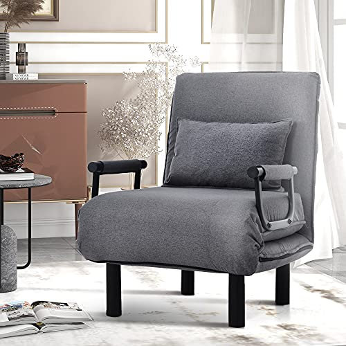 Umwandelbarer Schlafsofa-Schlafsessel, verstellbare Rückenlehne mit 6 Positionen, klappbarer Sessel mit Kissen, gepolsterter Sitz, Freizeit-Chaiselounge-Couch für Zuhause, Büro,Grey