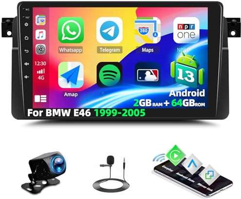 CAMECHO 2G+64G Radio para Coche Android 13 para BMW E46 1999-2005 Carplay y Android Auto Bluetooth Pantalla táctil de 9 Pulgadas WiFi GPS EQ FM/RDS Mirror Link + Cámara Trasera AHD