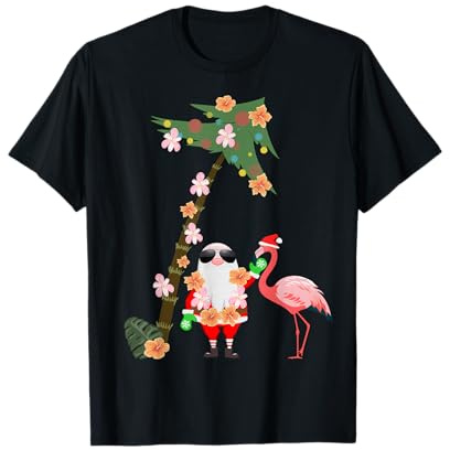 Père Noël Flamant Rose Palmier Drôle Floral Rétro Hawaii Noël T-Shirt