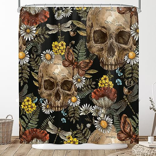 Yorida Tenda da doccia con teschio gotico e fungo, 183 x 182 cm, unica tenda da doccia horror vintage, gotica, nera, set per bagno, decorazione per il bagno con motivo floreale scuro