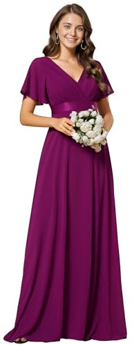 Ever-Pretty Vestidos De Fiesta Muj A-línea Vestidos de Fiesta Escote en V Manga Corta Gasa Corte Imperio para Mujer Fucsia 50