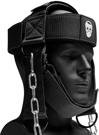 Gymreapers Arnés de cuello, mejora la fuerza del cuello y reduce el dolor de cuello, entrenador de cuello con cadena de acero inoxidable resistente de 29 pulgadas, correa de neopreno ajustable, arnés