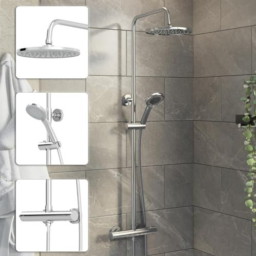 BAYSTONE® Bathroom Thermostatic Mixer Shower Round Rainfall Drencher Head Handset Adjustable Riser Rail & Exposed Bar Valve Wall Mounted, Chrome