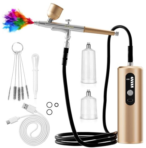 AirBrush Kit with Compressor dual-action airbrush Rechargeable Handheld Air brush for nails,Painting ,Makeup,Tattoo,Barber,Cake,Mode (Golden)