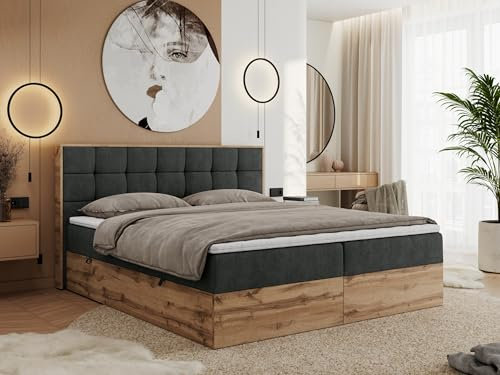 MKS MEBLE Boxspringbett 180x200 mit Bettkasten Holz Holzrahmen, Boxbett 180x200 mit Matratze H3 und Kopfteil - Grau Struktur - Albero-1