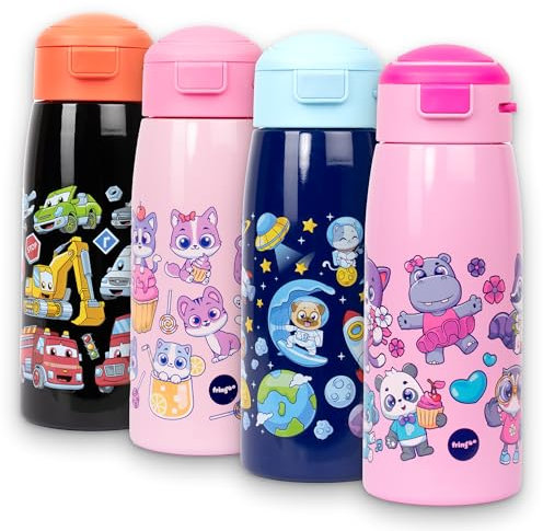 Fringoo Toddler Water Bottle with Straw 350ml Stainless Steel Bottle,Insulated Double Wall, 100% Leak-Proof and Lockable, Carry Handle, 12hr temp control, Pink cute animals design