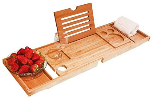 Bandejas de Madera de Acacia para bañera, Bandeja de baño y Cama, Organizador de baño de Madera para una o Dos Personas, Bandeja Extensible de Lujo para bañera, con Estante de Lectura o Soporte para